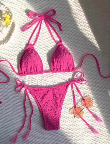 系带挂脖浮雕比基尼玫粉色大胸小胸分体泳衣抽绳可调节泳装bikini