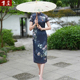首玺改良旗袍女夏年轻款 暗色系醋酸印花全开襟高端旗袍连衣裙日常