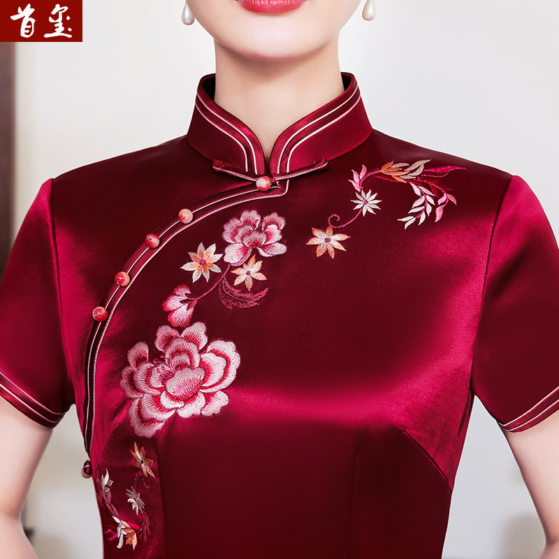 首玺复古改良旗袍中国风绣花高端大气喜婆婆婚宴装妈妈婚礼连衣裙