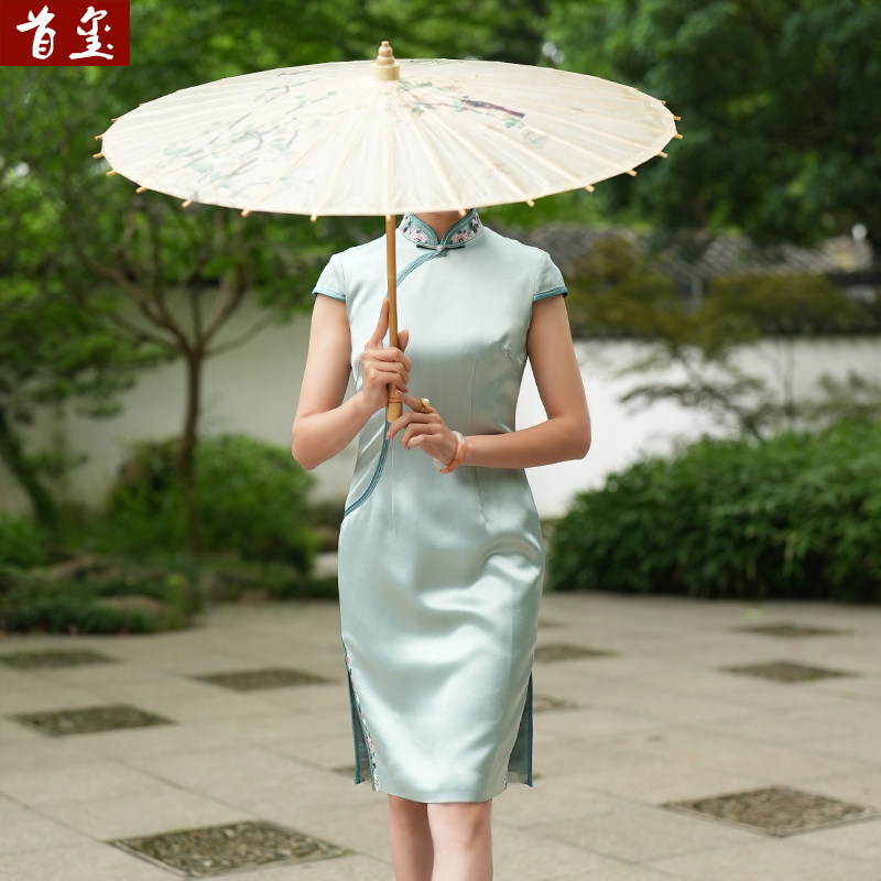 首玺夏季新款纯色醋酸绣花中款短袖民国风修身日常旗袍