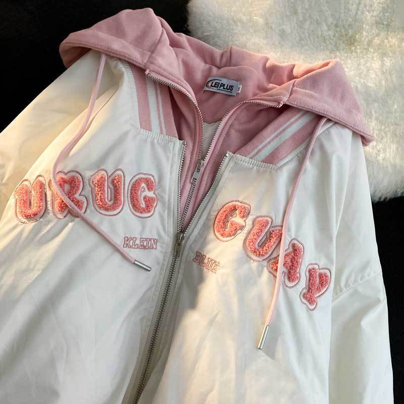 假两件连帽棒球服外套女春秋2025新款chic少女奶系宽松粉色夹克潮