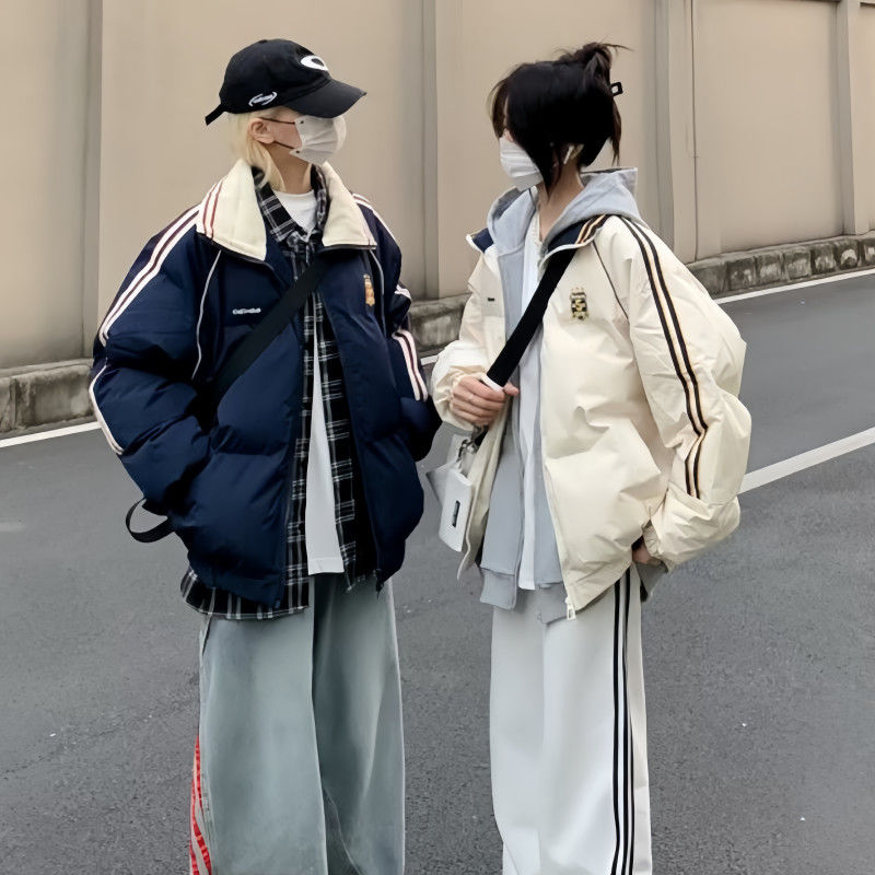 韩版撞色条纹字母刺绣棉服女冬季新款复古宽松加厚学生外套面包服