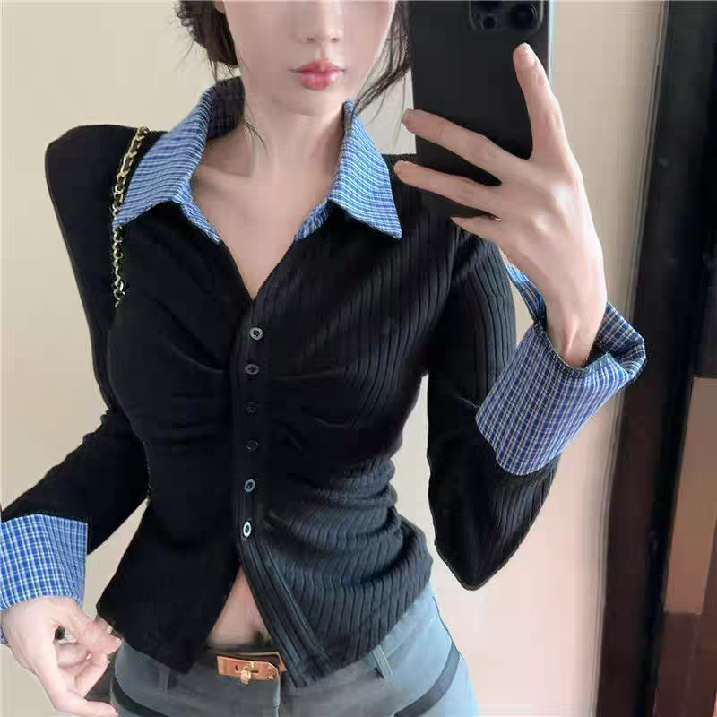 学院风polo领衬衫女春秋纯欲性感v领垫肩上衣针织打底衫内搭毛衣