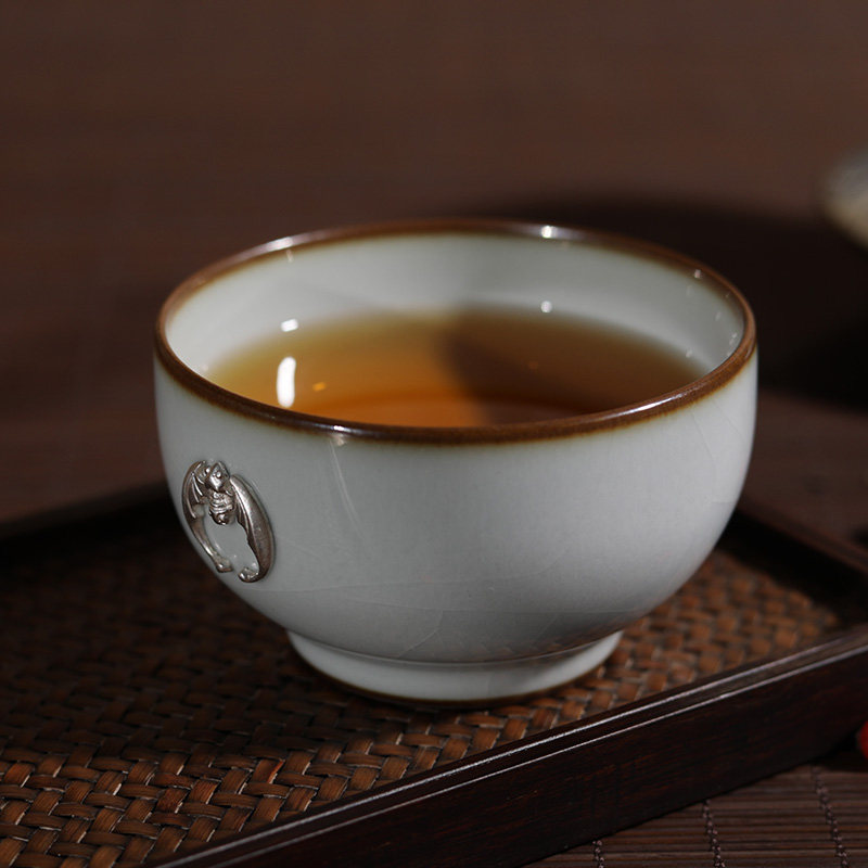 观复博物馆官釉纯银锔瓷主人杯 茶杯品茗杯 开片紫口铁足浮雕防滑