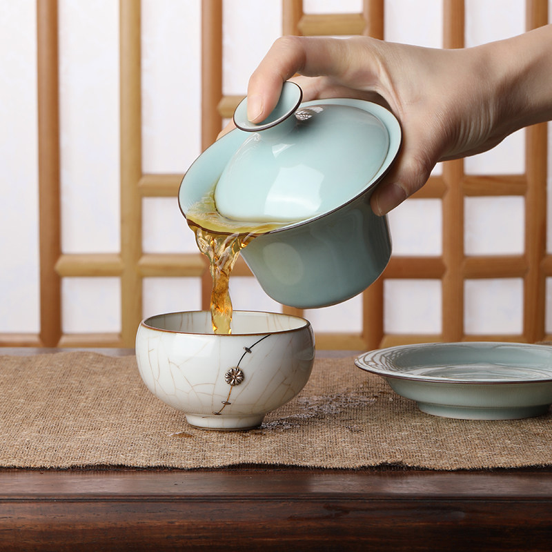 观复龙泉青瓷粉青釉三才盖碗 景德镇手工功夫茶具瓷器礼品泡茶大