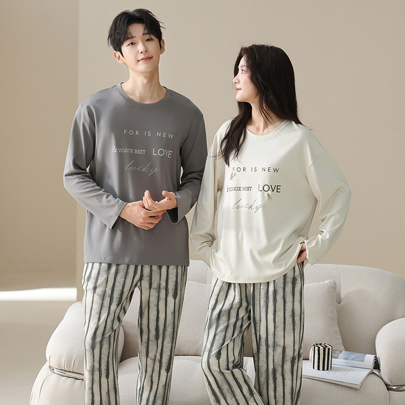 2026春秋季新款纯棉圆领套头睡衣男女情侣家居服套装休闲风可外穿