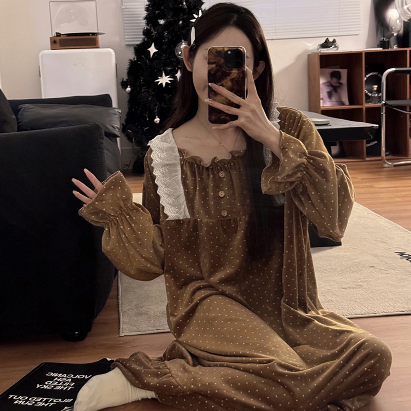 秋冬季睡衣女软糯糯海岛绒甜美公主风薄绒中长款裙子家居服少女