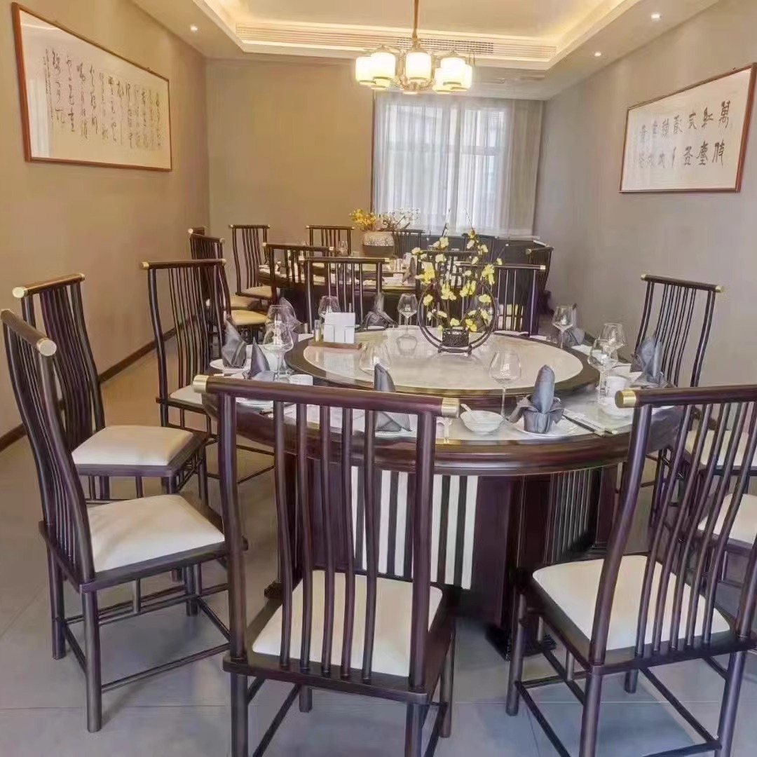 新中式餐桌椅酒店会所高档餐厅餐桌电动转盘圆桌包厢间宴会厅椅
