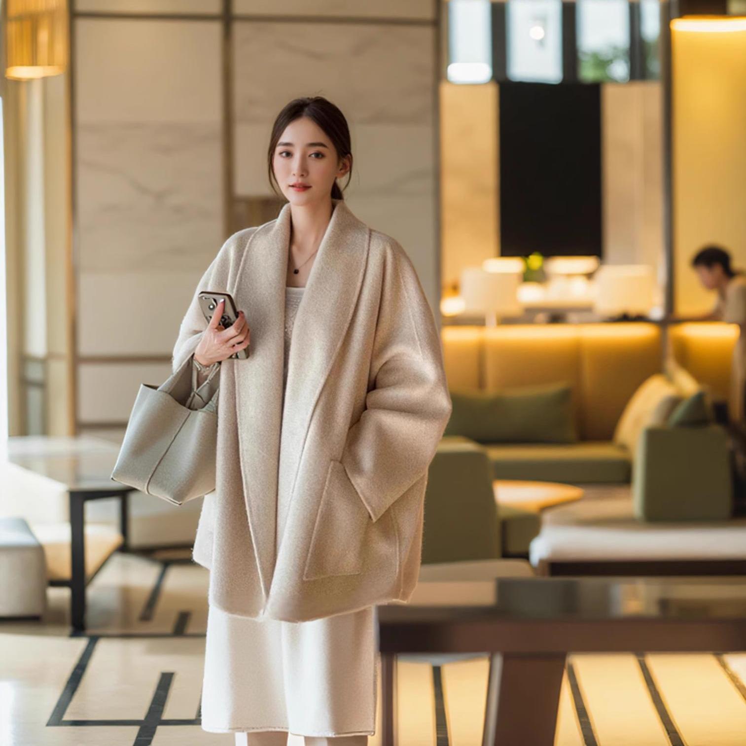 高端澳毛白色双面羊绒大衣女