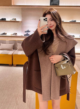 韩系撞色双面羊绒大衣女连帽小个子羊毛浴袍上衣休闲气质毛呢外套
