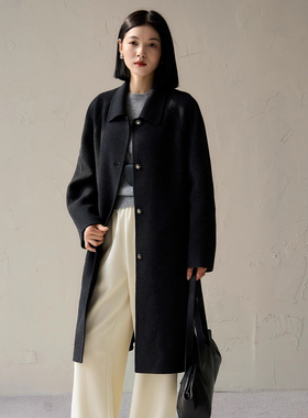 100%黑灰色双面羊毛大衣女长款宽松显瘦休闲气质羊绒毛呢外套冬季