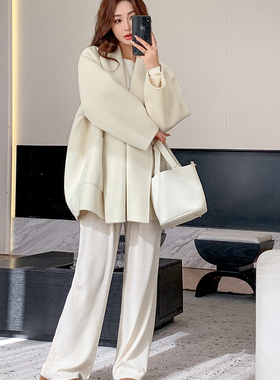 高端澳毛羊驼绒大衣女短款小个子翻领宽松双面呢羊毛白色毛呢外套