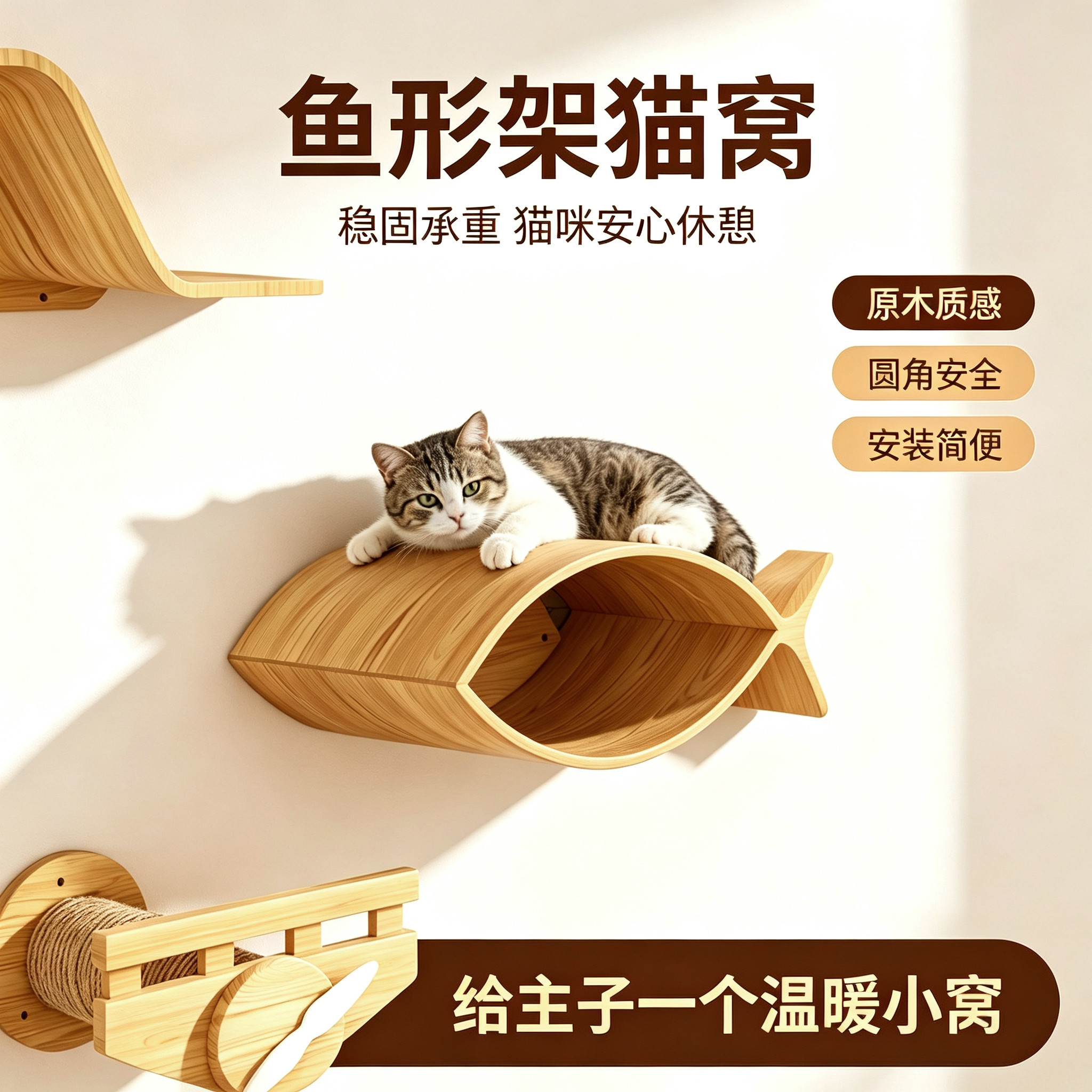 实木鱼形猫爬架客厅卧室壁挂式猫窝鱼形架猫咪休息架墙上置物架