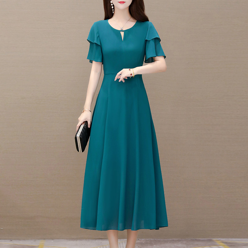 荷叶袖雪纺连衣裙2021夏季新款气质贵夫人洋气高端欧货过膝长裙子