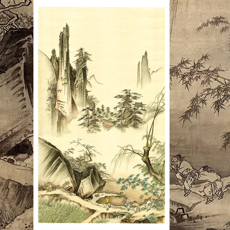 纯手绘传统山水画踏歌图宋画名作高仿彩色国画已托裱画芯收藏挂画