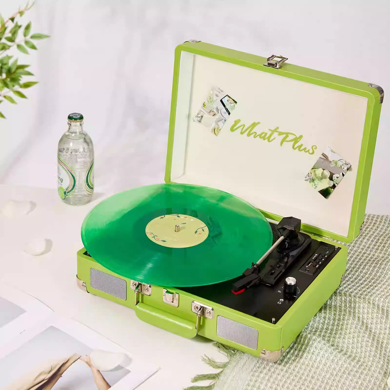 问加 牛油果绿P1黑胶唱片机留声机蓝牙音响便携皮箱款送礼物生日