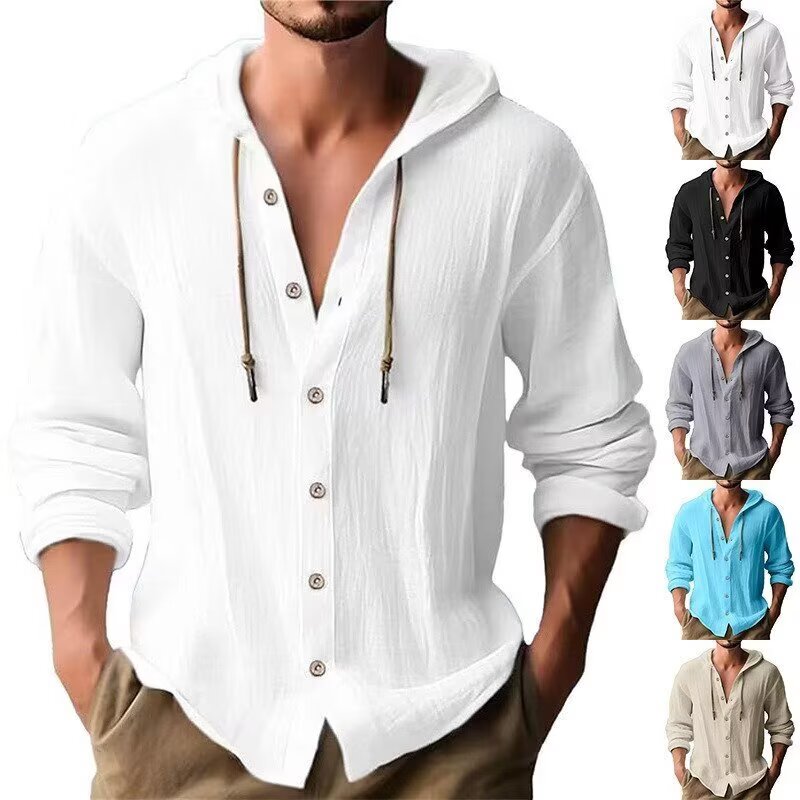 连帽系绳薄宽松亚麻长袖男士衬衫大码棉麻透气麻料衬衣上衣男装潮