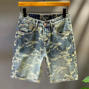 夏季 潮牌提花牛仔短裤 马裤 修身 韩版 五分裤 时尚 男士 复古半截裤 美式