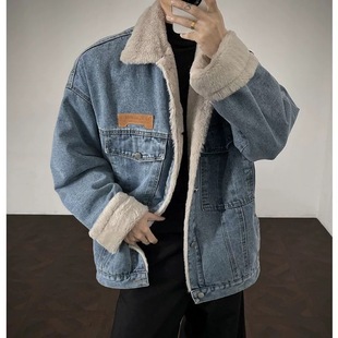 夹克上衣棉服 加绒加厚保暖棉衣宽松工装 羊羔绒牛仔外套男式 秋冬季