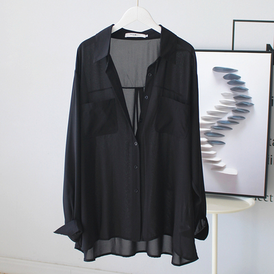 透视感顺滑雪纺防晒衬衫女夏天薄款遮阳外套开衫宽松遮臀部空调衫