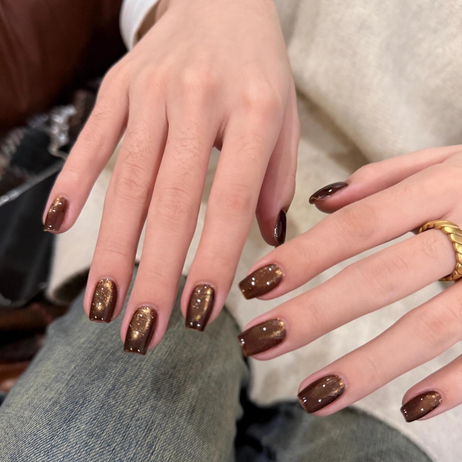 手工秋冬复古显白深棕金光贵气猫眼美甲高级感穿戴甲短款2025新款