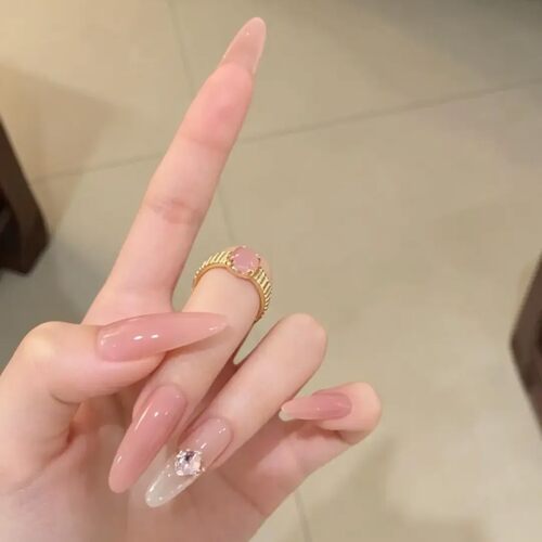 手工穿戴甲美甲长款气质显白高级感裸色粉色碎钻爆闪指甲贴片成品