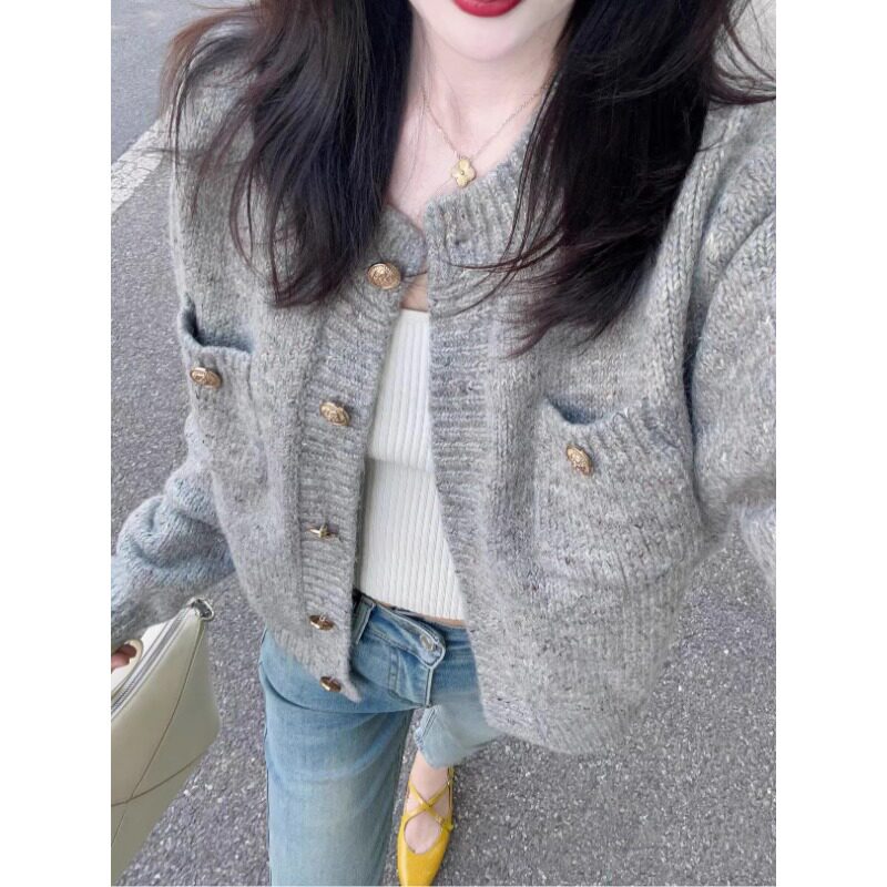 가을 겨울 착용 2024 신상 여성 니트 가디건 그레이 스웨터 봄 가을 쁘띠 스타일 재킷 탑