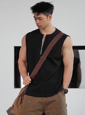 BARBRO美式小众半拉链背心设计纯色坎肩背心男士宽松休闲无袖T恤