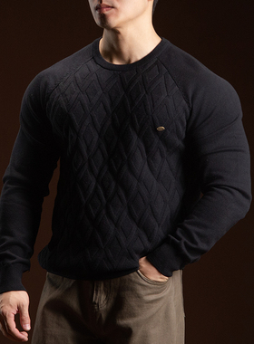 BARBRO美式复古纯色毛衣圆领长袖针织衫秋冬菱形格男士针织冬季