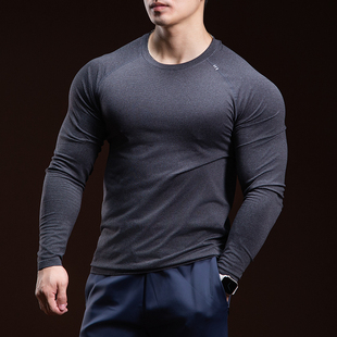BARBRO新款运动长袖t恤男士健身透气弹力美式纯色圆领打底衫男款