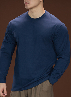 BARBRO长绒棉长袖t恤男圆领新款秋季小领口纯色纯棉打底修身上衣