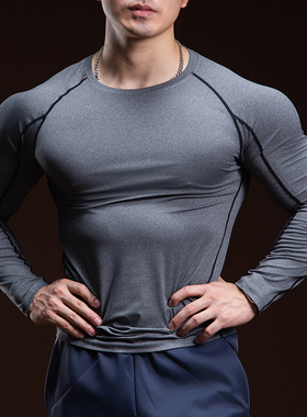 BARBRO运动健身长袖T恤男士跑步训练紧身衣秋冬弹力透气打底衫