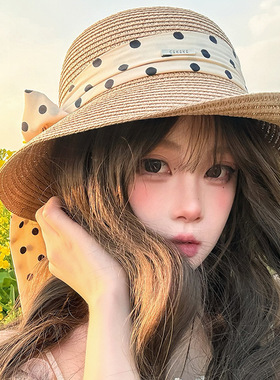 草帽女夏季法式优雅波点蝴蝶结遮阳帽海边度假沙滩帽防紫外线盆帽