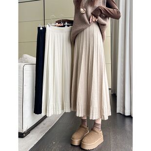 白色针织百褶半身裙女2025春秋新款独特超好看a字长裙子半裙伞裙