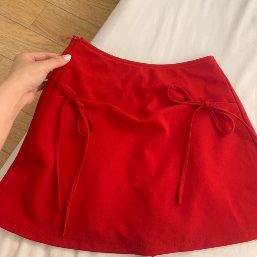 设计感红色拼接蝴蝶结半身裙女装夏季新款修身显瘦A字包臀短裙