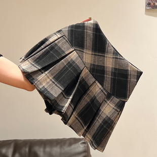 学院风格 显瘦韩系半身裙短裙 纹拼接高腰A字百褶裙女2025秋冬新款