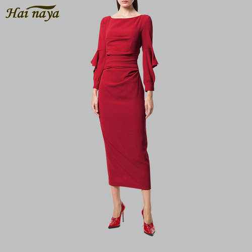 修身中长款包臀一字领折褶欧美