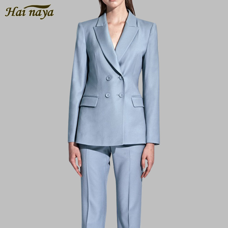 气质职业女裤套装hainaya春秋新款双排扣西服上衣显瘦包臀直筒裤