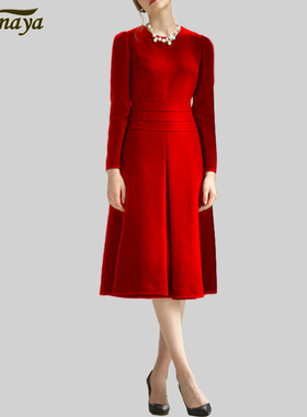 时尚连衣裙女2023春秋新款气质长袖修身显瘦圆领红色收腰中长A裙