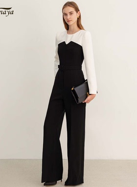 连衣裤女25早春新款韩版时尚白色长袖衬衫拼接黑色潮流连体阔腿裤