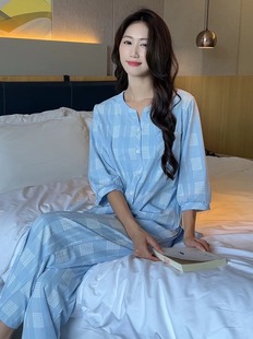 2025新款 九分裤 睡衣女款 纯棉格子家居服 夏季 蓝风铃 七分袖