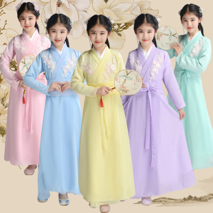 汉服儿童女童古装超仙女秋天青色粉色紫色蓝色绿色黄色复古薄纱