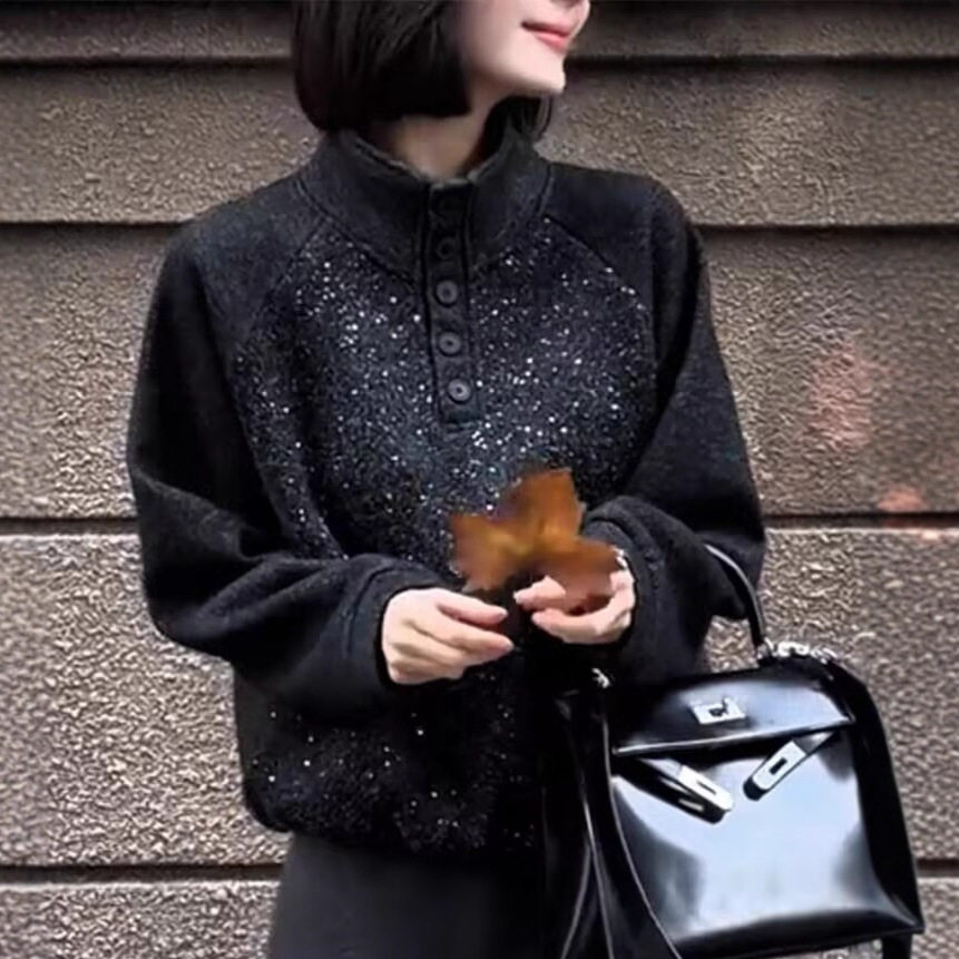 星夜亮片拼接加绒加厚卫衣女2025冬季新款时尚立领半纽扣长袖上衣,女装/女士精品,卫衣/绒衫,淘宝优惠券,粉丝福利购,淘宝优惠卷