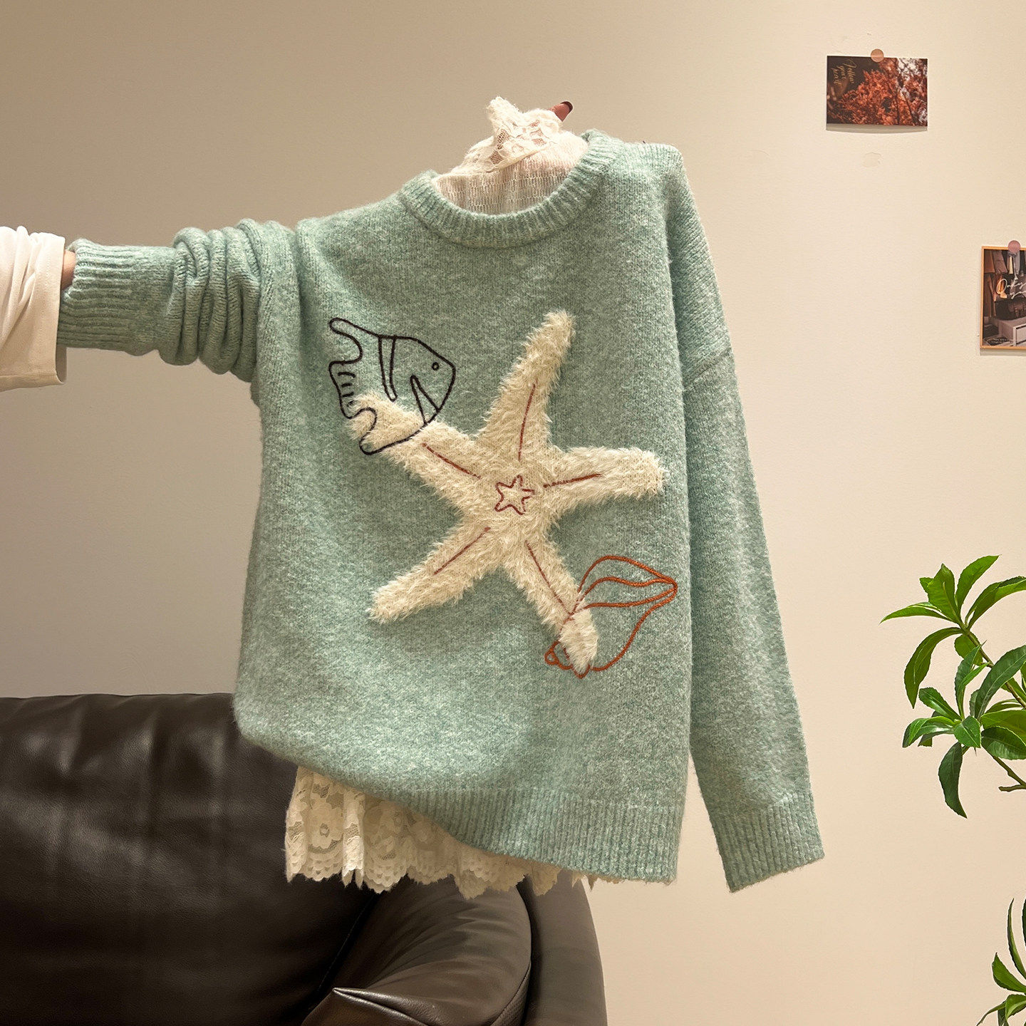 秋冬季穿搭海星加厚针织毛衣外套女下摆蕾丝设计感内搭打底衫上衣,个性定制/设计服务/DIY,棉服工装,淘宝优惠券,粉丝福利购,淘宝优惠卷