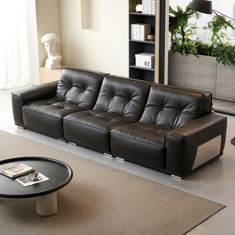 意式极简黑金刚沙发客厅直排家用设计师款头层牛皮小户型真皮沙发