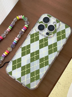 绿色菱格适用iPhone16/15/14Promax12女11华为nova13p70小红米k80vivox200s30全包OPPOfindx8荣耀400手机软壳