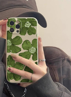 绿色油画适用iPhone16Promax苹果15防摔13Pro华为P70软mate60vivox100荣耀90OPPOReno12小米14手机壳nova11女