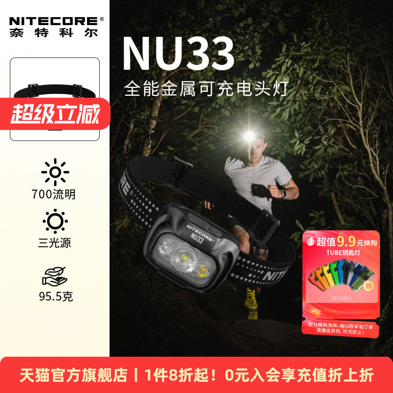 奈特科尔NU33户外作业徒步头灯耐用超长续航防水攀登登山红光LED