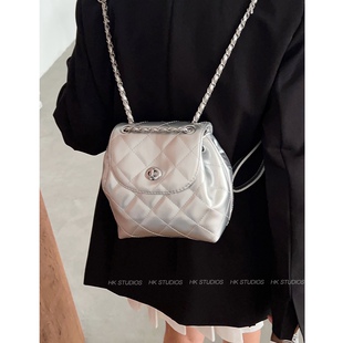 双肩包高级感百搭通勤背包 时尚 韩系菱格链条包包女2024新款 潮夏季
