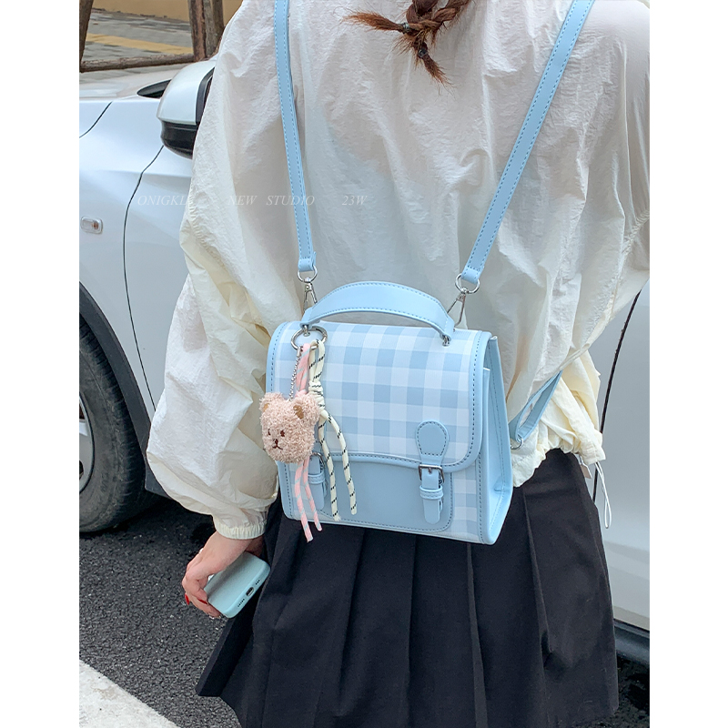 韩系学院风双肩包包女2025新款夏季洋气超火百搭可爱格子通勤背包